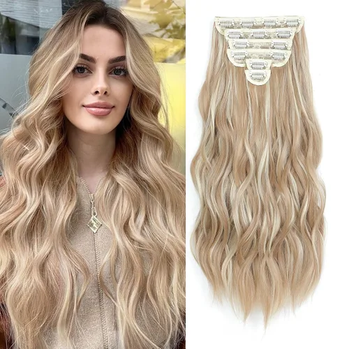 Vista 19 de Fliace Extensiones de cabello con clip para mujer, extensiones de cabello ondulado largo de color marrón medio, extensiones de cabello sintético