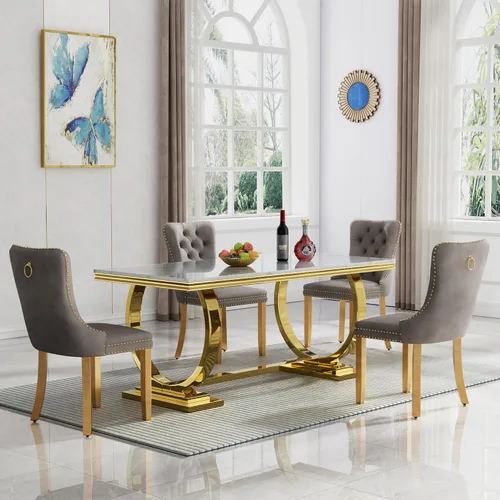 Vista 51 de Juego de 5 mesas de comedor, juego de mesa de cocina y comedor para 4, mesa de comedor rectangular de mármol sintético negro de 70 pulgadas con base
