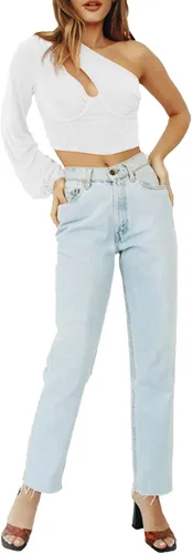 Vista 4 de LYANER Blusa corta sexy de manga larga con un hombro recortado para mujer