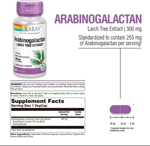 Vista 3 de SOLARAY Arabinogalactan, extracto de alerce de 300 mg Fibra prebiótica para un intestino saludable y apoyo del sistema inmunológico 60 cápsulas
