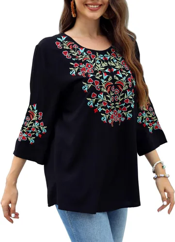 Vista 10 de AK Women's Boho Embroidered Tops 3/4 Sleeve Mexican Peasant Shirts Bohemian Loose Tunic Blouses 355-negro