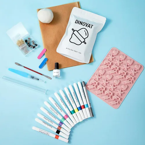 Vista 3 de DINOVAT Kit de cerámica de arcilla seca al aire para adultos, el kit de manualidades incluye: 500 garcilla, 13 bolígrafos de pintura acrílica, molde