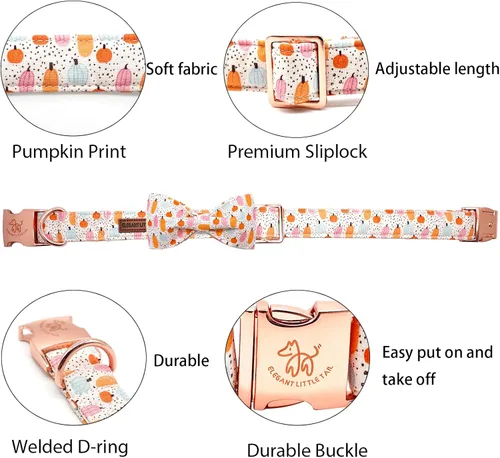 Vista 2 de Elegant little tail Collar de perro de Halloween, collares de perro de otoño naranja calabaza collar de mascota festivo collar de corbatín