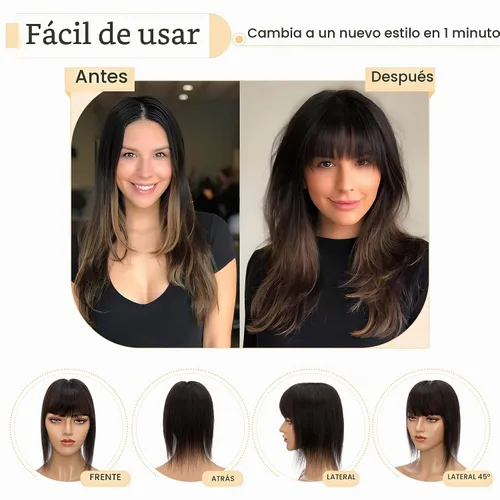 Vista 5 de SEGO Toppers para el cabello para mujer, cabello humano real con flequillo, base de seda de 2.8 x 5.1 in, 100% cabello humano Remy, clip en la parte