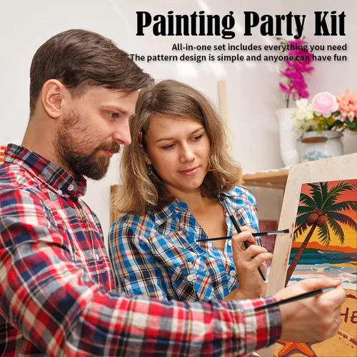 Vista 6 de VOCHIC Kit de pintura para sorbos y pinturas, lienzo predibujado para parejas, kit de pintura para adultos, citas, noche, puesta de sol, playa