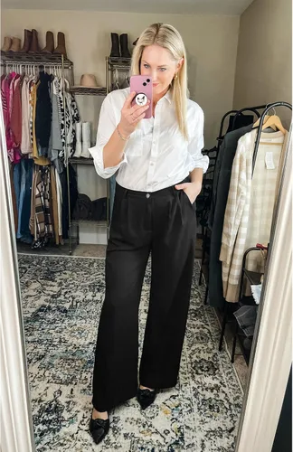 Vista 3 de GRAPENT Pantalones de pierna ancha para mujer, para trabajo, negocios, casual, de cintura alta, pantalones de vestir fluidos para la oficina