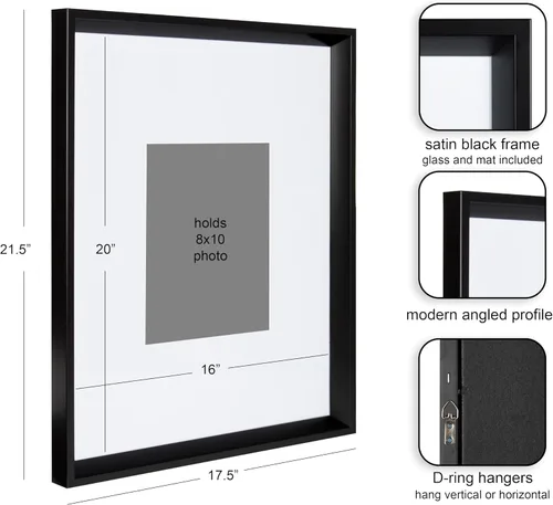 Vista 2 de Kate and Laurel Calter, juego de marcos de pared modernos, negro 16x20 acolchado a 8x10, paquete de 3