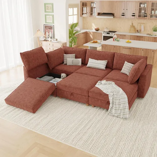 Vista 28 de 95.5" Sofá seccional modular de chenilla con almacenamiento oculto, sofá cama convertible en forma de L y U, sofá seccional moderno de 6 plazas