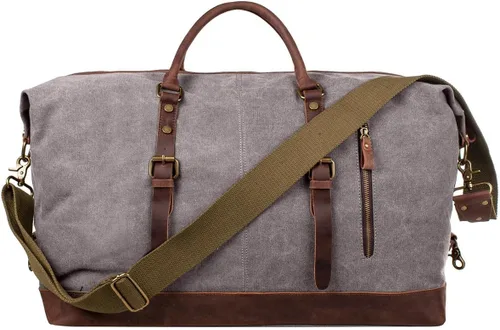 Vista 19 de S-ZONE - Bolsa de viaje de lona sobredimensionada con adornos de cuero genuino, bolsa deportiva de hombro de fin de semana, bolso de fin de semana
