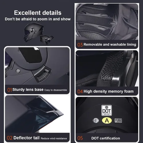 Vista 5 de Casco modular Bluetooth para motocicleta, aprobado por DOT, de cara completa, abatible, antivaho, doble visera, casco de motocicleta de calle, LENTE