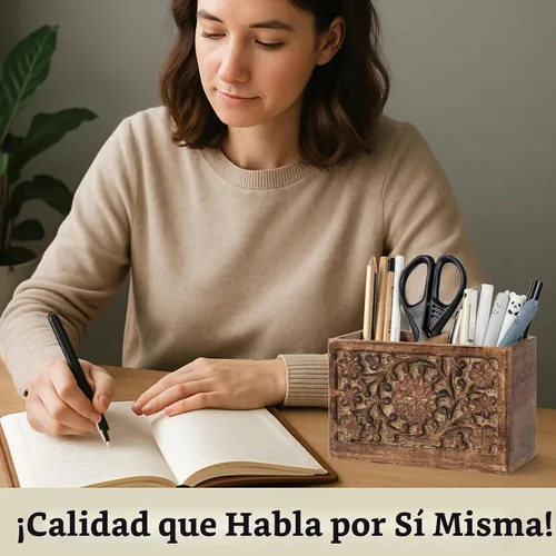 Vista 7 de Mie Creations Soporte rústico para lápices con 2 ranuras para organizador de escritorio, soporte de madera tallada a mano para mesa de escritorio
