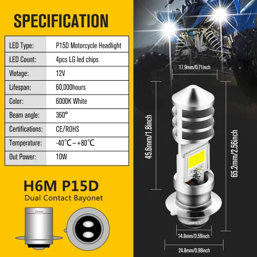 Vista 7 de Bombilla LED H6M AC/DC 12-48V P15D Hi-Lo Beam blanco 6000K LED bombilla de motocicleta para Ya maha ATV YF Z YF M Raptor Grizzly Ko diak Moto