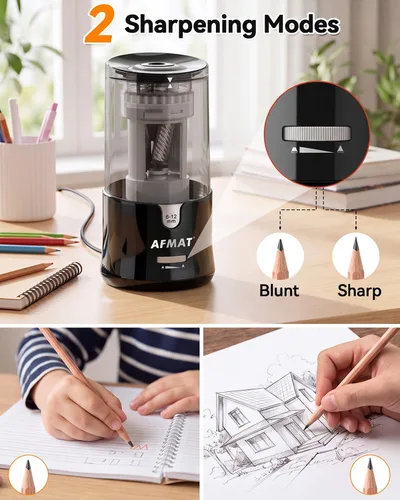 Vista 6 de AFMAT PS92 Sacapuntas eléctrico para aula, sacapuntas enchufable para lápices grandes y jumbo, colores y n.º 2, parada automática, 2 ajustes de Negro