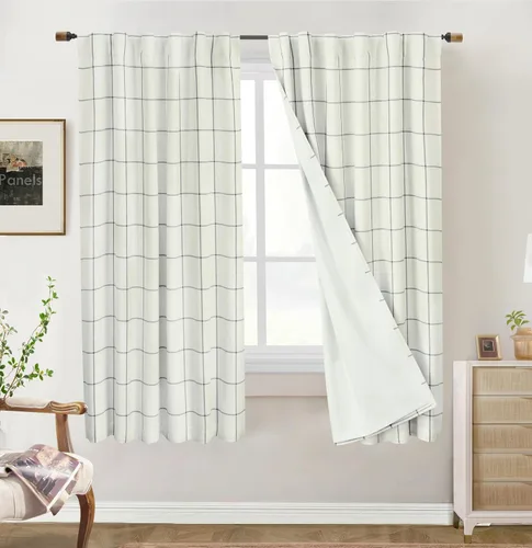 Vista 49 de DriftAway 2 paneles cortinas de lino a cuadros 100% opacas de doble capa cortinas para dormitorio de 96 pulgadas de largo estilo granja con Gris