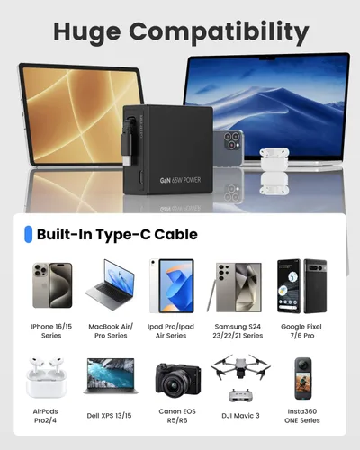 Vista 9 de Gitryin Cargador de pared USB C de 65 W con cable retráctil integrado, bloque de carga rápida plegable 2 en 1, artículos esenciales de viaje