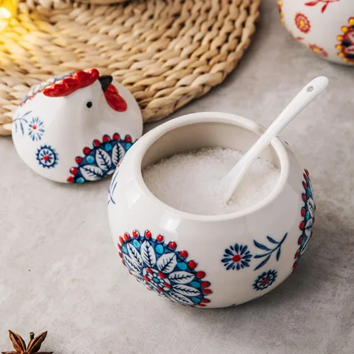 Vista 2 de Olla de condimentos de porcelana con tapa y cuchara, tazón de sal de 11 oz para cocina, forma de pollo
