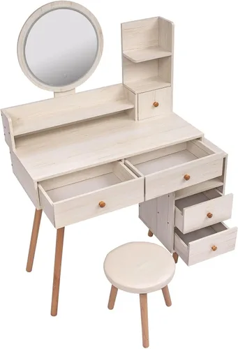 Vista 3 de Juego de mesa de tocador y taburete, escritorio de tocador con espejo LED de control táctil, longitud ajustable, juego de tocador para dormitorio