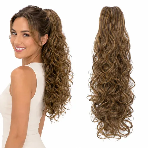 Vista 33 de CAISHA Extensiones de cola de caballo de 18 pulgadas, voluminosas, onduladas, marrón ceniza, mezcla de rubio claro PH35
