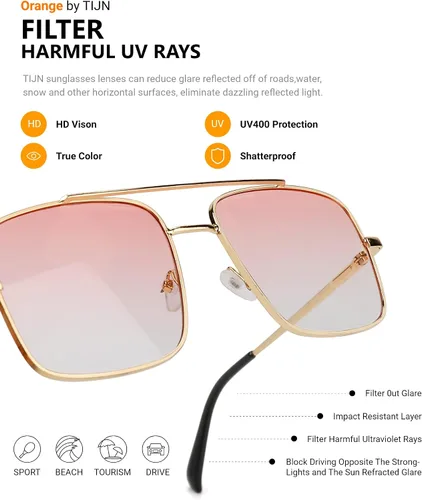 Vista 4 de TIJN Lentes de sol polarizados cuadrados para mujeres y hombres, tintados, de gran tamaño, protección UV400, lentes de sol con marco de metal
