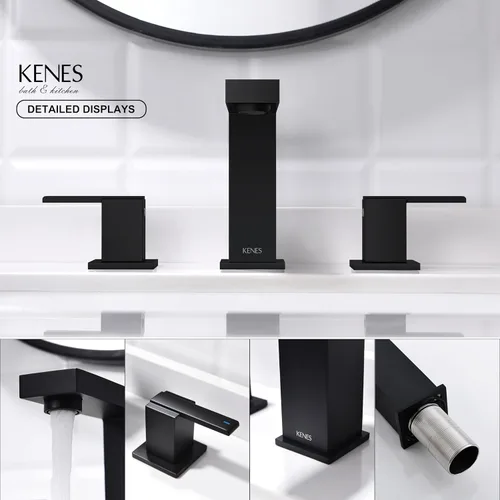 Vista 9 de KENES Grifo de Baño Extendido Negro Mate de Dos Manijas, Grifos de Lavabo de Baño Negro de 3 Orificios, 8 Pulgadas, Grifo de Tocador de Baño de 3