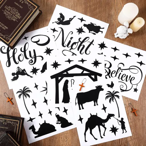 Vista 4 de Chinco Calcomanías grandes de decoración de pared con belén de Navidad, calcomanías de vinilo para pared, decoración de Navidad, murales religiosos
