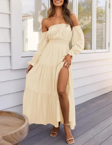 Vista 57 de ZESICA - Vestido largo, bohemio y sexy, con hombros descubiertos y manga larga fruncida, con elástico fruncido, cintura alta y abertura lateral