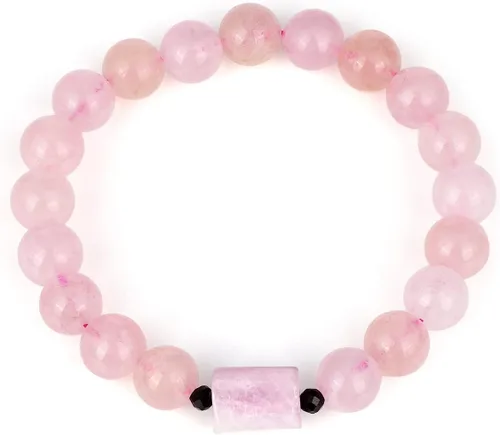 Vista 2 de NirvanaIN Pulsera mate elástica de morganita con kunzita, pulseras de morganita para mujer, pulsera mate de piedra rosa, pulsera de cuentas