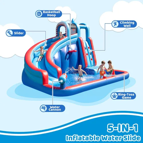 Vista 3 de Tobogán acuático inflable para patio trasero de niños con soplador de 450 W, castillo de salto con tobogán de agua, parque acuático para actividades