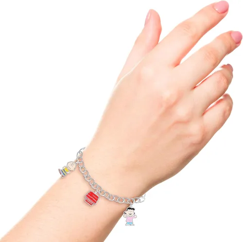 Vista 2 de Peanuts Pulsera con dije de Snoopy y sus amigos para mujer, licencia oficial, pulsera chapada en plata, regalos de Snoopy, Latón, Sin gemas.