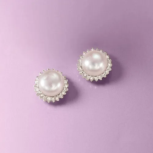 Vista 3 de Ross-Simons 7-7.5mm Cultured Button Pearl and .13 ct. t.w. Diamond Stud Earrings in Sterling Silver