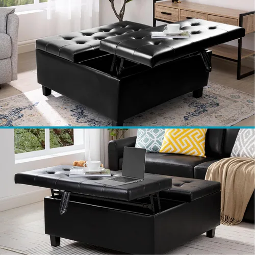 Vista 7 de Naomi Home Ciara - Banco otomano tapizado de cuero negro de 35 pulgadas, mesa auxiliar cuadrada grande de almacenamiento, caja de juguetes, taburete