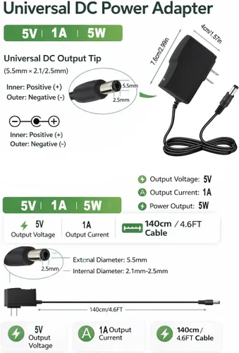 Vista 4 de Adaptador de corriente de repuesto 5V 1A Cable DC 0.2x0.1 in para Router