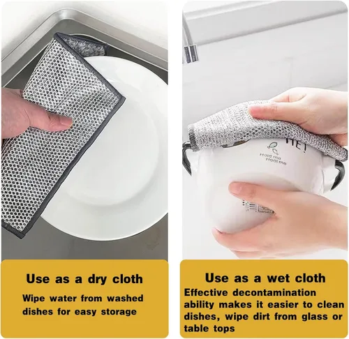 Vista 5 de 3 paños de cocina de alambre antiarañazos, 2 capas superabsorbentes de bambú y carbón, trapos reutilizables multiusos para lavar platos húmedos