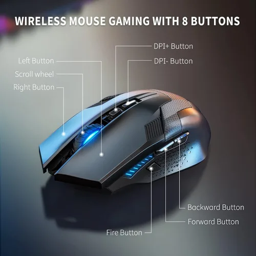 Vista 4 de TECKNET Mouse inalámbrico para juegos, mouse inalámbrico de computadora de 4800 DPI con 8 botones, mouse ergonómico de 2.4 GHz para PC y computadora