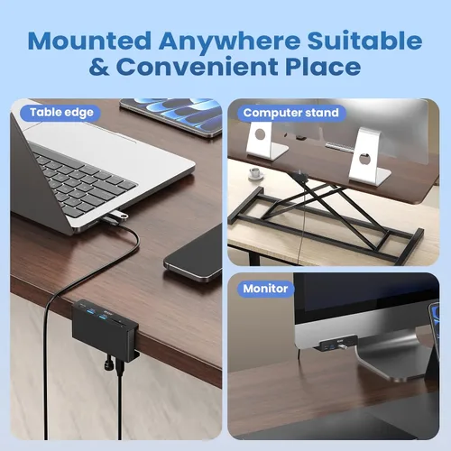 Vista 4 de EJAY Abrazadera USB Hub soporte de escritorio, 5 en 1 de aluminio montable USB C Hub con lector de tarjetas SD/TF, 59 pulgadas de largo cable debajo