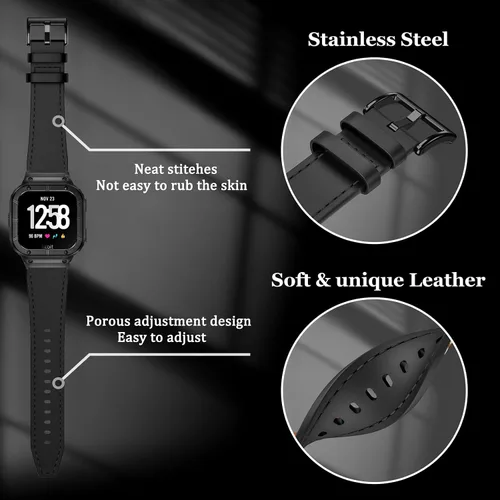Vista 3 de BAITEYOU Leather Bands with Stainless Steel Case Compatible with Fitbit Versa 1 2 3 4 Lite Sense 2 1 Protective case for men