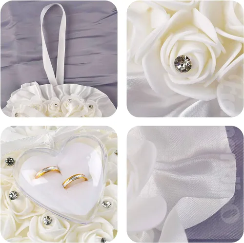 Vista 8 de Framendino, Forma de corazón blanco anillo de boda almohada elegante decoración cojín portador caja con lazo de cinta