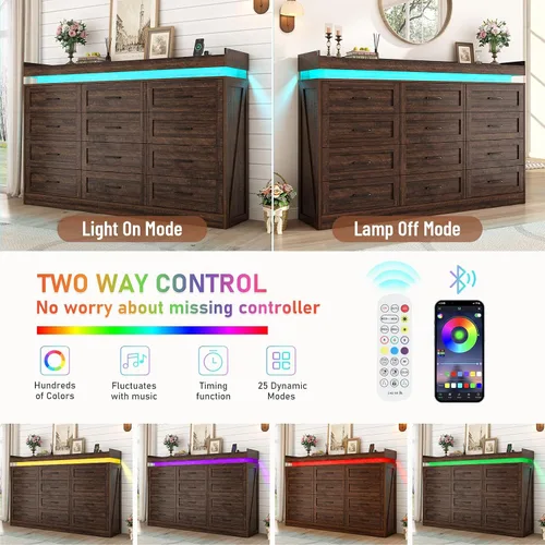 Vista 6 de Cómoda grande de 180 cm de ancho por 117 cm de alto con 12 cajones estilo granja para dormitorio con luz LED y tomas de corriente, cómoda de madera