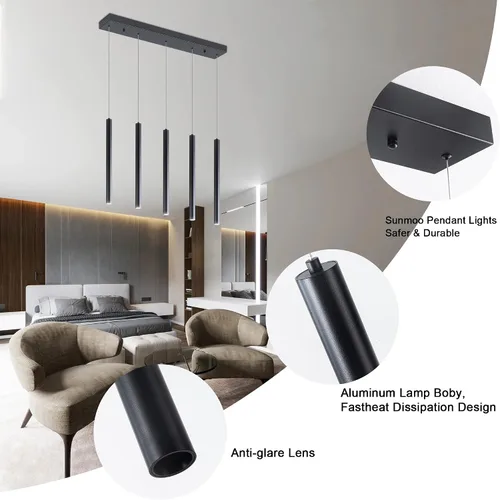 Vista 5 de Lámpara colgante, 5-Light Cluster, Moderno, Techo, Isla de cocina, Negro, LED regulable, 1500 lúmenes, 6000K
