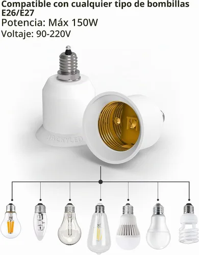 Vista 3 de JACKYLED Paquete de 2 adaptadores E12 a E26, enchufe de luz E12 a base mediana, adaptador conversor de enchufe de luz E26 E27, adaptador de enchufe