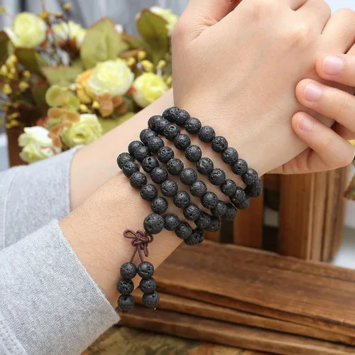 Vista 3 de Jovivi Pulsera de 6 mm y 8 mm con cuentas de piedra de lava natural, 108 cuentas de oración budista tibetana, collar y pulsera mala