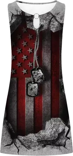 Vista 4 de Finelylove Vestido corto sin mangas con la bandera estadounidense del 4 de julio para mujer, vestido casual hasta la rodilla