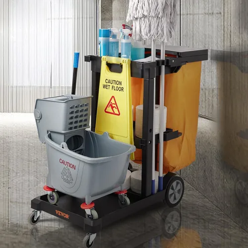 Vista 5 de VEVOR Carrito de limpieza, carrito de limpieza comercial de 3 estantes, carrito de plástico de limpieza de 200 libras de capacidad, con bolsa de PVC