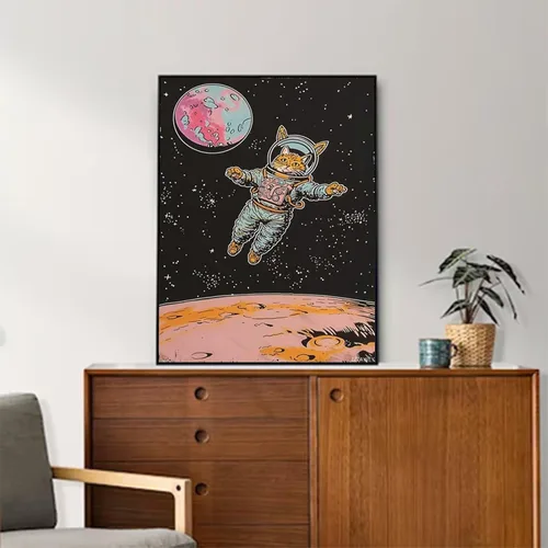 Vista 3 de IZTAWEY Lienzo retro para pared, póster de los años 80, diseño de gato espacial, gato, arte en lienzo, decoración de pared, impresión de pared
