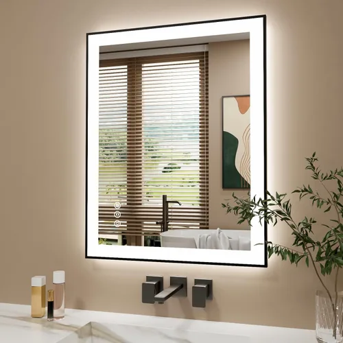Vista 22 de Espejo de baño LED de 24x28 pulgadas con marco negro, espejos de baño retroiluminados y con luz frontal para pared, antiempañamiento, regulable
