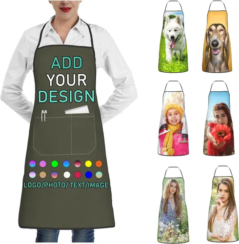 Vista 29 de Delantal personalizado con 2 bolsillos, personalizable con nombre, texto, logotipo, foto, cocina, horneado, delantal de cocina para mujeres y hombres