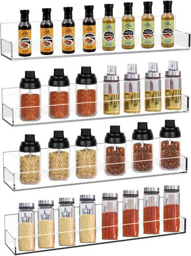 Vista 8 de Estante de especias acrílico transparente montado en la pared, estante flotante de 15 pulgadas con protectores de extremo extraíbles para armario