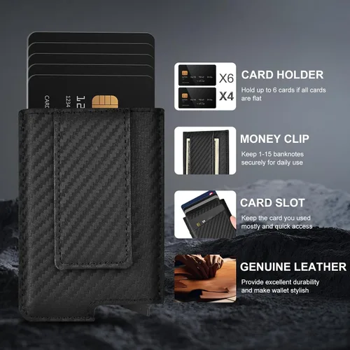Vista 3 de Dinghao Cartera delgada con clip magnético de aluminio para bloquear RFID, estuche automático emergente para tarjetas, Negro fibra de carbono