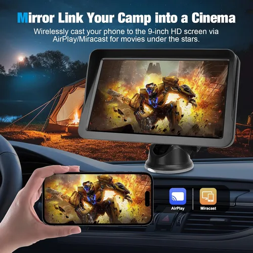 Vista 7 de Pantalla inalámbrica CarPlay de 9" para coche, receptor Apple CarPlay y Android Auto con cámara de respaldo 1080P, pantalla táctil HD, Bluetooth