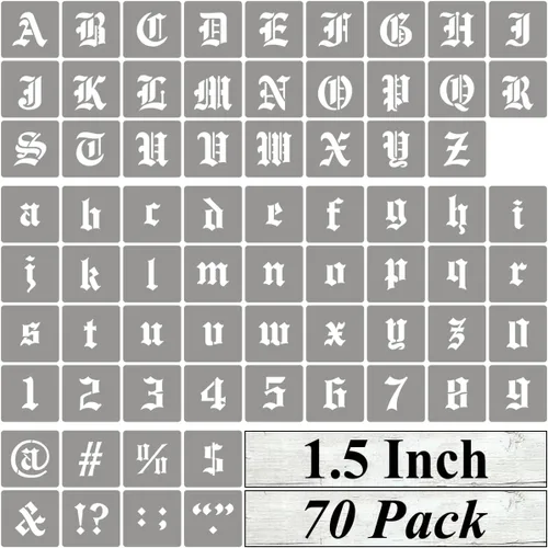 Vista 13 de Plantillas de letras del alfabeto de 1 pulgada para pintar, paquete de 70 plantillas de letras en inglés antiguo con números y letreros para pintar